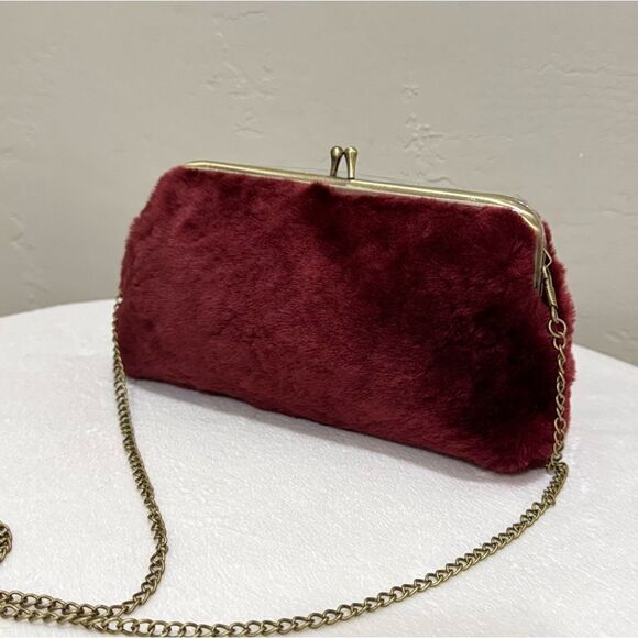 Burgundy Real Shearling Leather Kisslock Clutch/Cosmetic Case/Phone Case - Picture 7 of 14